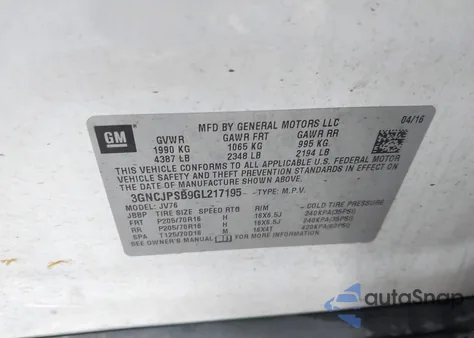 2016 Chevrolet Trax Lt z USA, uszkodzony, nr VIN 3GNCJPSB9GL217195